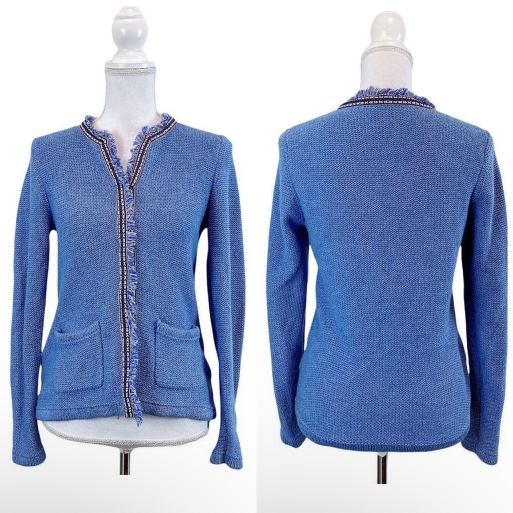 J. McLaughlin Sweater Small Womens Blue Knit Fringe Trim Cardigan Jacket‎
